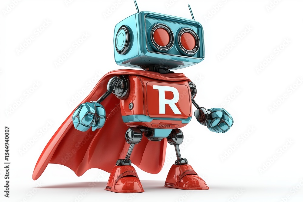 Aufkleber Futuristic superhero robot with a red cape and bold stance, symbolizing artificial intelligence, innovation, and advanced robotics in a sci-fi setting, Generative AI