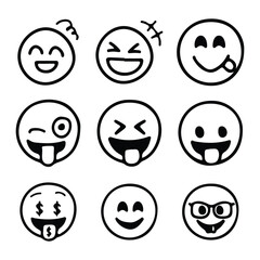 Graffiti-style icon set smiley faces with spray paint effect on transparent background. Vector illustration EPS10