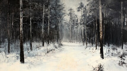 Fototapeta premium Snowy Forest Pathway in Winter Landscape with Tall Trees and Soft Light Emerging Through a Misty Atmosphere