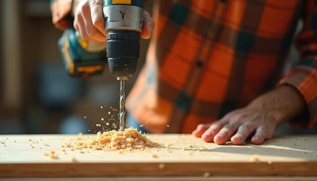 Man drills wooden board in workshop. Person uses power drill tool makes hole woodworking. Wood shavings fly around. Joiner working precise, focused in garage. Repair, building, DIY, craftsmanship