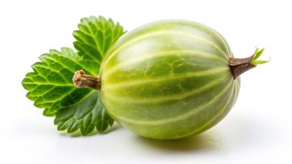 Green Gooseberry with Leaves on White Background