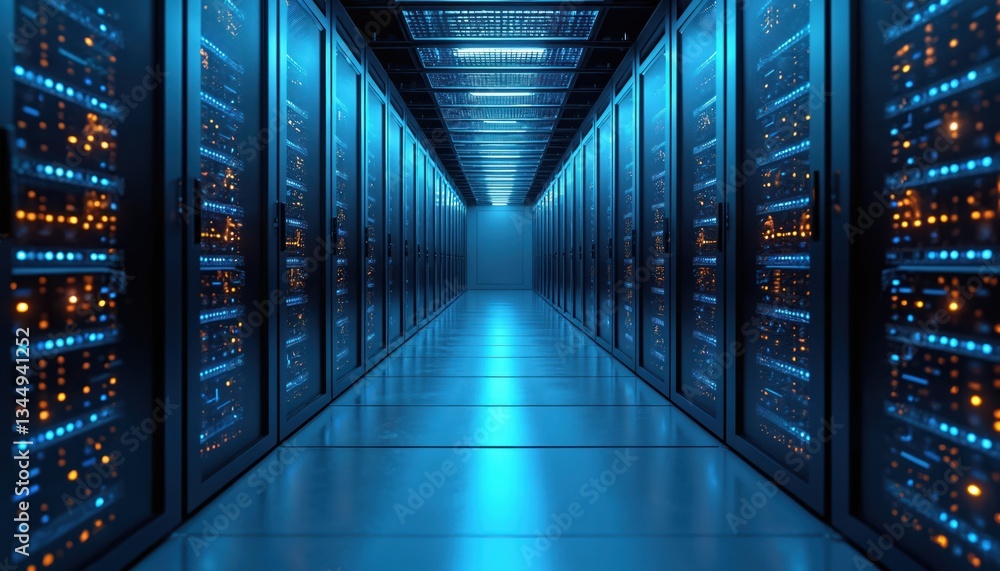 Leinwandbilder server racks with blue led lights in modern data center. long hallway rows of computers and networki