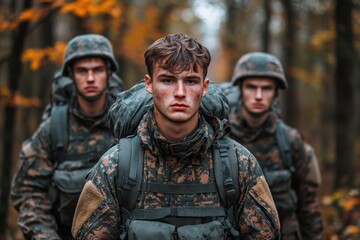 Fototapeta premium Young soldiers training in forest during autumn, focused on mission and teamwork, showcasing dedication and resilience