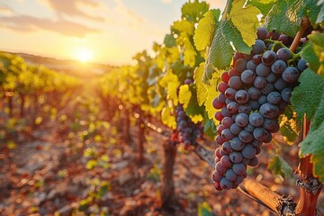 Fototapeta premium Vineyards at sunset with ripe grapes ready for harvest in a picturesque landscape