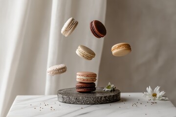 Assorted macarons floating gracefully with flowers on marble surface