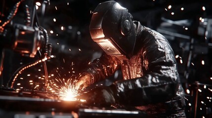 Industrial welder working and welding metal with sparks flying in a factory,  industrial labor concept 