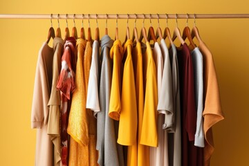 Wooden hangers with clothes on the rail in the store with women's clothing for sale. Flea market, second hand, discount, exchange, donation