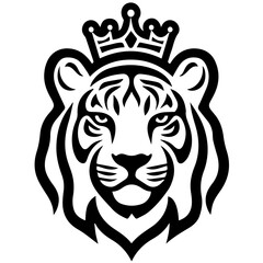 Monochrome Graphic of a Crowned Tiger Head with Detailed Stripes