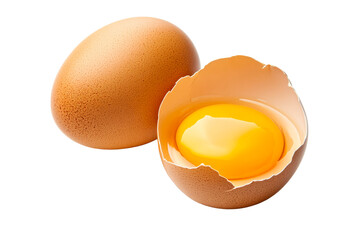 Fresh brown egg with cracked shell and yolk on transparent background