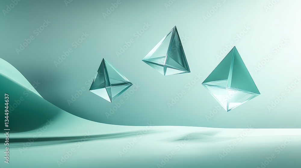 Poster abstract triangular prisms floating above a smooth gradient of teal