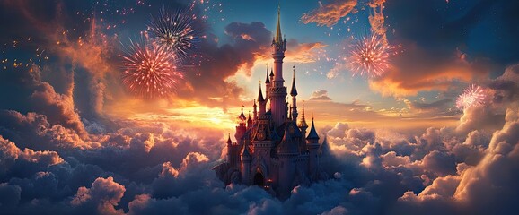 Fairytale Castle on Clouds at Sunset