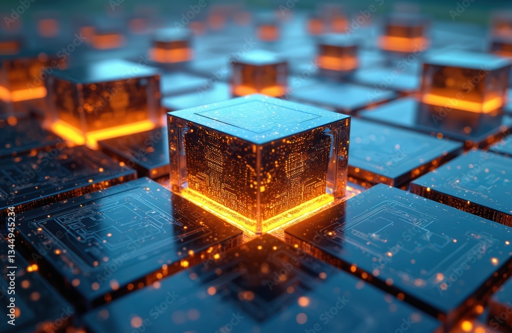 Poster abstract illustration shows computer architecture, artificial intelligence concept. blue, orange lig