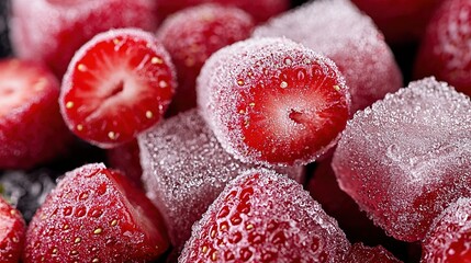   A close-up of strawberries with a frosty, sugary coating
