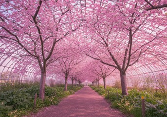 Obraz premium Serene Winding Path Through Blooming Cherry Blossoms Under a Soft Pink and Purple Sky