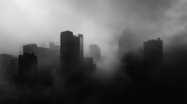 A monochrome shot shows buildings shrouded in dense, ominous fog. Perfect for conveying mystery, isolation, or dark urban landscapes.