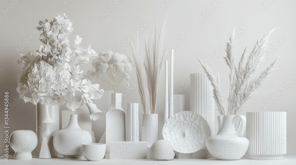 Poster horizontal studio shot of still life composition made of various white objects on white background