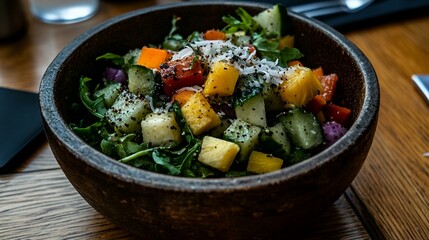 colorful fruit salad with tropical flavors and herbs