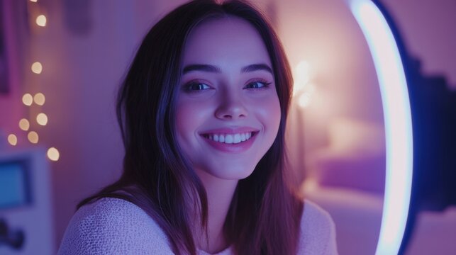 Happy woman, portrait and influencer with ring light for content creation, vlogging or online tutorial at home. Young, female person or vlogger in POV with makeup for tips, advice or video recording