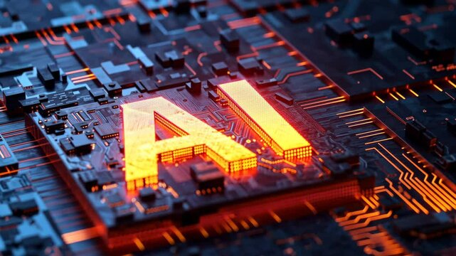 The glowing "AI" letters are embedded in a complex network of computer circuitry. Concept of: The age of intelligence.