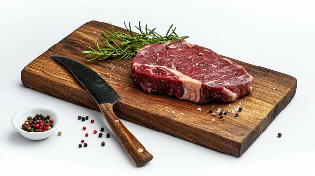 Variety of Raw Black Angus Prime meat steaks Machete, Blade on bone, Striploin, Rib eye, Tenderloin fillet mignon on wooden board