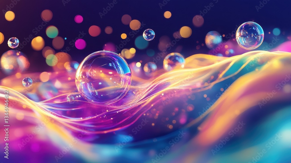 Poster vibrant abstract bubbles floating on waves with neon colors and gradient effects