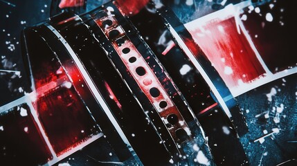 Abstract Close-Up of Vintage Film Reel with Red and Black Color Scheme