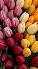 Fototapeta premium A bouquet of flowers with red, yellow, and pink tulips. The flowers are arranged in a way that creates a sense of harmony and balance. The colors of the flowers are vibrant and eye-catching