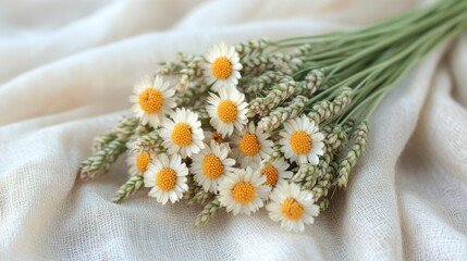 Delicate bouquet of dried daisies and wheat