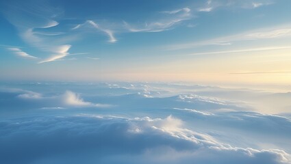 Obraz premium Ethereal Clouds drift below a serene blue sky, kissed by soft golden light