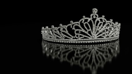 Fototapeta premium Silver tiara adorned with diamonds Reflected on dark surface, symbolizing elegance and luxury Ideal for beauty, fashion, and prestigious events
