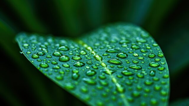 Close up of green leaf covered in water droplets against blurred green background Represents nature, freshness, and botanical themes
