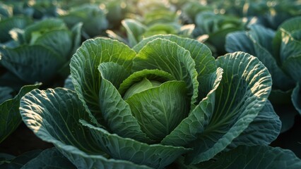 Close up of green cabbage in a field at sunset, illustrating healthy agriculture and sustainable farming practices