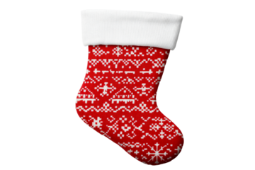 Red Christmas stocking with white winter patterns for festive decor