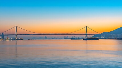 Obraz premium Sunrise over the majestic suspension bridge, a tranquil scene of calm waters reflecting the golden hour light, with a cargo ship sailing peacefully.