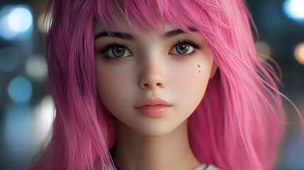 Fototapeta premium Pretty Girl with Pink Hairstyle and Looks At Camera