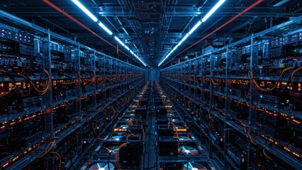 Data center with rows of servers and blue ambient lighting Focused on technology and infrastructure, showcasing efficiency and modernity
