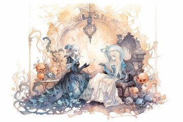 two girls in a gothic Victorian setting, done in a watercolor style with fantasy elements 