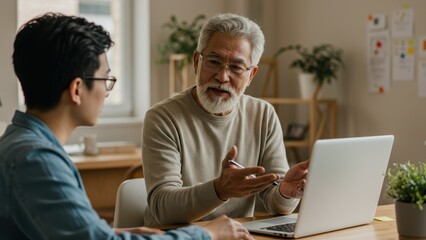 Obraz premium East Asian senior man speaks animatedly to young East Asian man in modern office Engaging discussion about business collaboration and mentorship