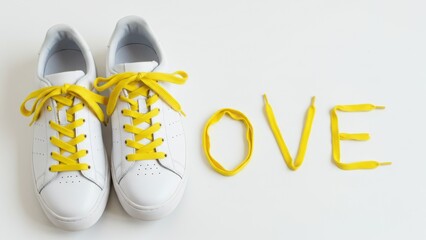 White sneakers with yellow shoelaces spell LOVE in a flat lay style on a white background Bright, playful atmosphere emphasizes creativity and self expression