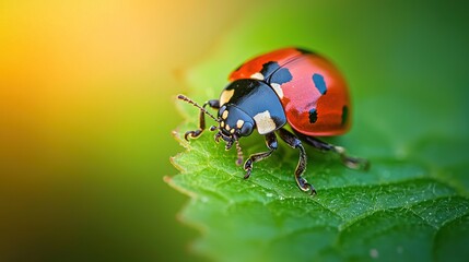 Fototapeta premium A sharp close-up photo of a ladybug resting atop a green leaf against a clear background