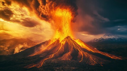 A dramatic volcanic eruption unfolds as fiery lava spews from the crater, creating a thick ash cloud against a stunning sunset backdrop. The active volcano showcases raw geological power