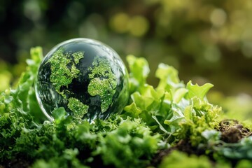 A glass globe with green landmasses sits on fresh green lettuce. Use to illustrate environmental protection or sustainable agriculture.