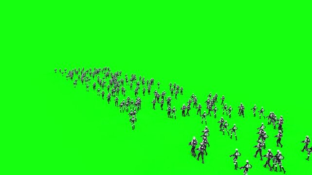a crowd of walking robots with weapons. green screen. Apocalyptic concept