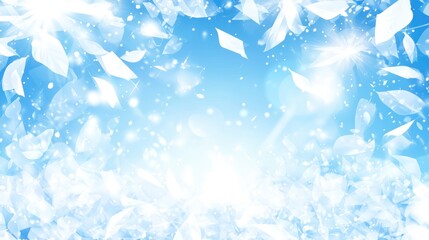 White leaves float in a bright blue and white background setting