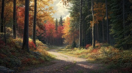 Obraz premium Serene Autumn Forest Path with Colorful Foliage and Gentle Sunlight Filtering Through Tall Trees