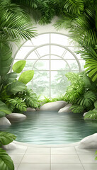 Obraz premium Lush tropical garden scene with a circular window and tranquil pool