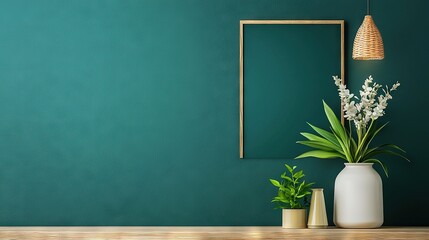   A lush green background featuring a framed picture and two floral vases positioned atop a table, with an additional plant centered in the foreground