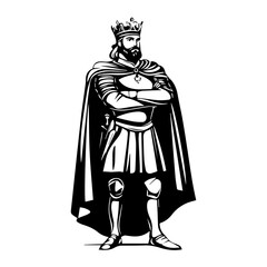 Full-Body Monochrome Illustration of a Standing King with Crown and Cloak

