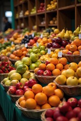 Close-up of various fresh fruits in wicker baskets at a market stall. Bright colors and healthy options abound.