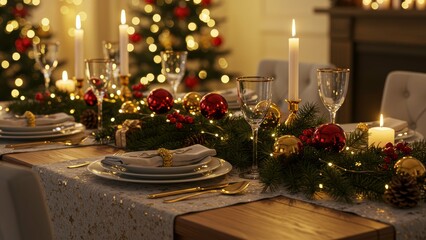 Christmas table setting with decorated dining table, candles, and Christmas tree Warm lighting highlights festive atmosphere, celebrating holiday spirit